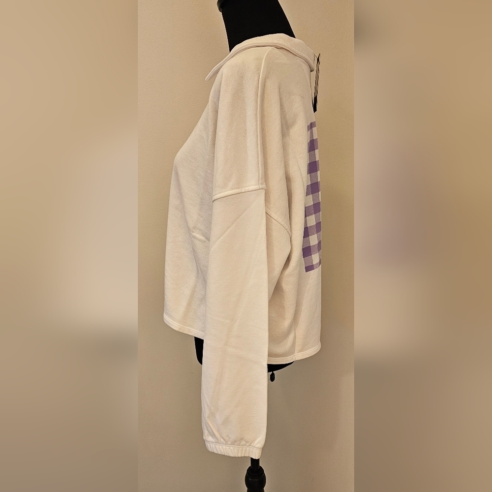 New Peloton Polo Sweatshirt Pullover – White with Lilac Gingham Graphic Size XL - Picture 6 of 7